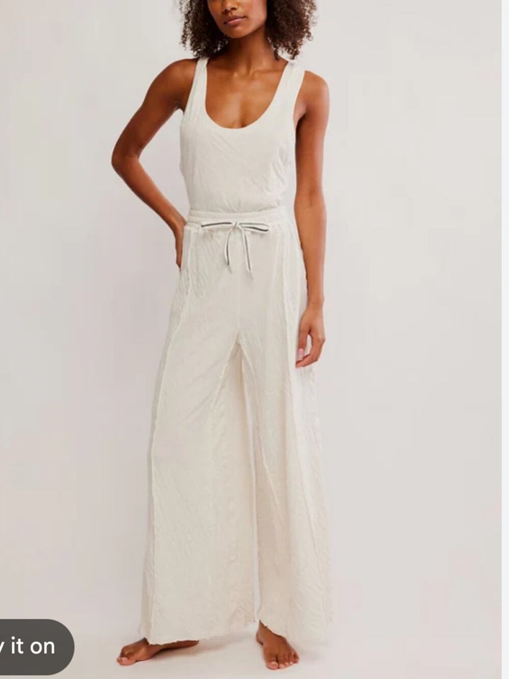 Free People Cream Wait A Minute Jumpsuit Womens M Casual Wide Leg Athleisure